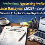 Professional Freelancing Profile Kaise Banayein 2026 – real workspace setup with checklist, laptop and tools for creating a strong freelancer profile