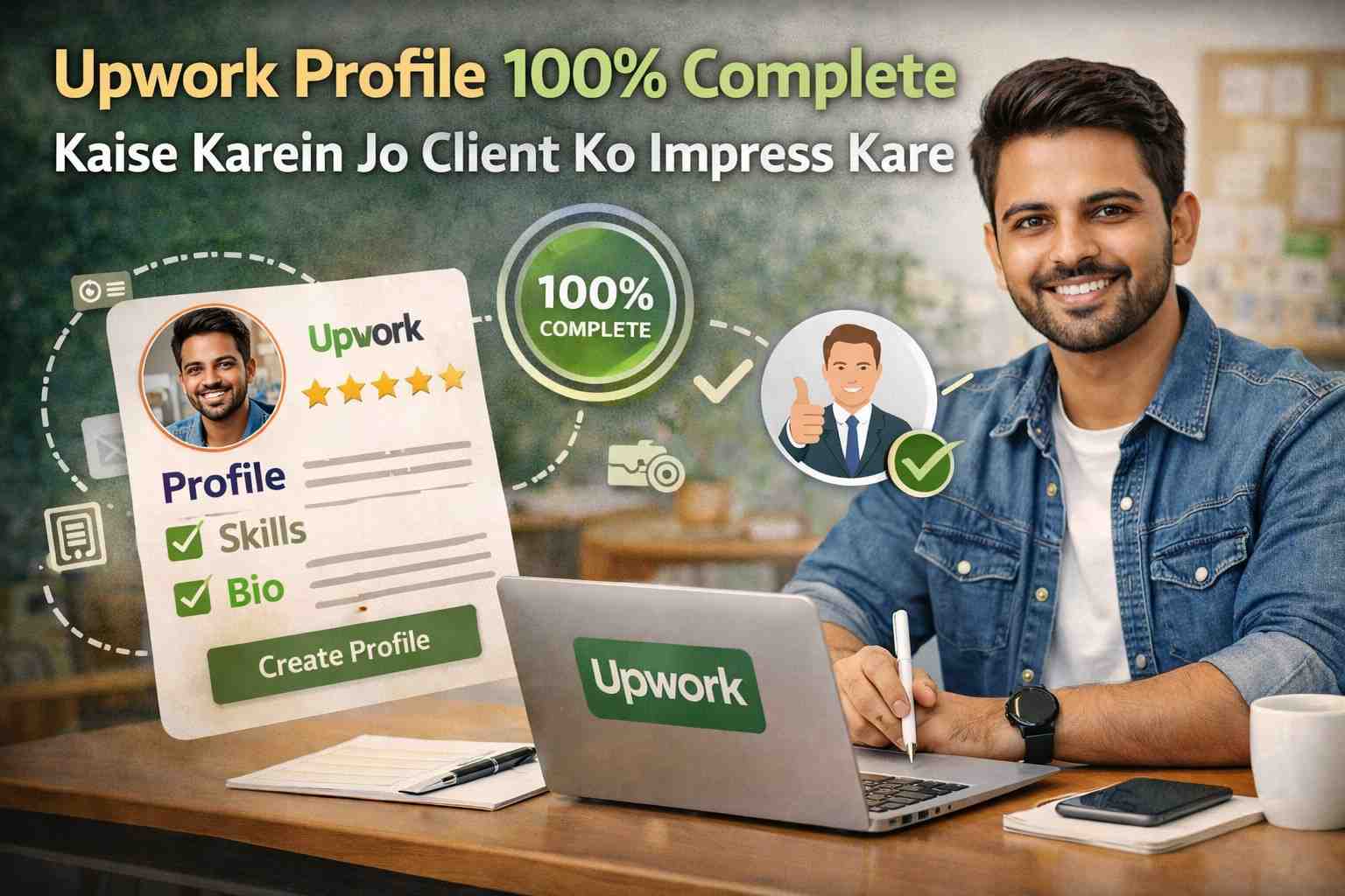 Upwork profile 100% complete kaise karein showing freelancer completing profile with skills bio and details to impress clients on Upwork