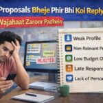 Proposals Bheje Phir Bhi Koi Reply Nahi – frustrated freelancer checking phone with rejected proposals and reasons list for no response