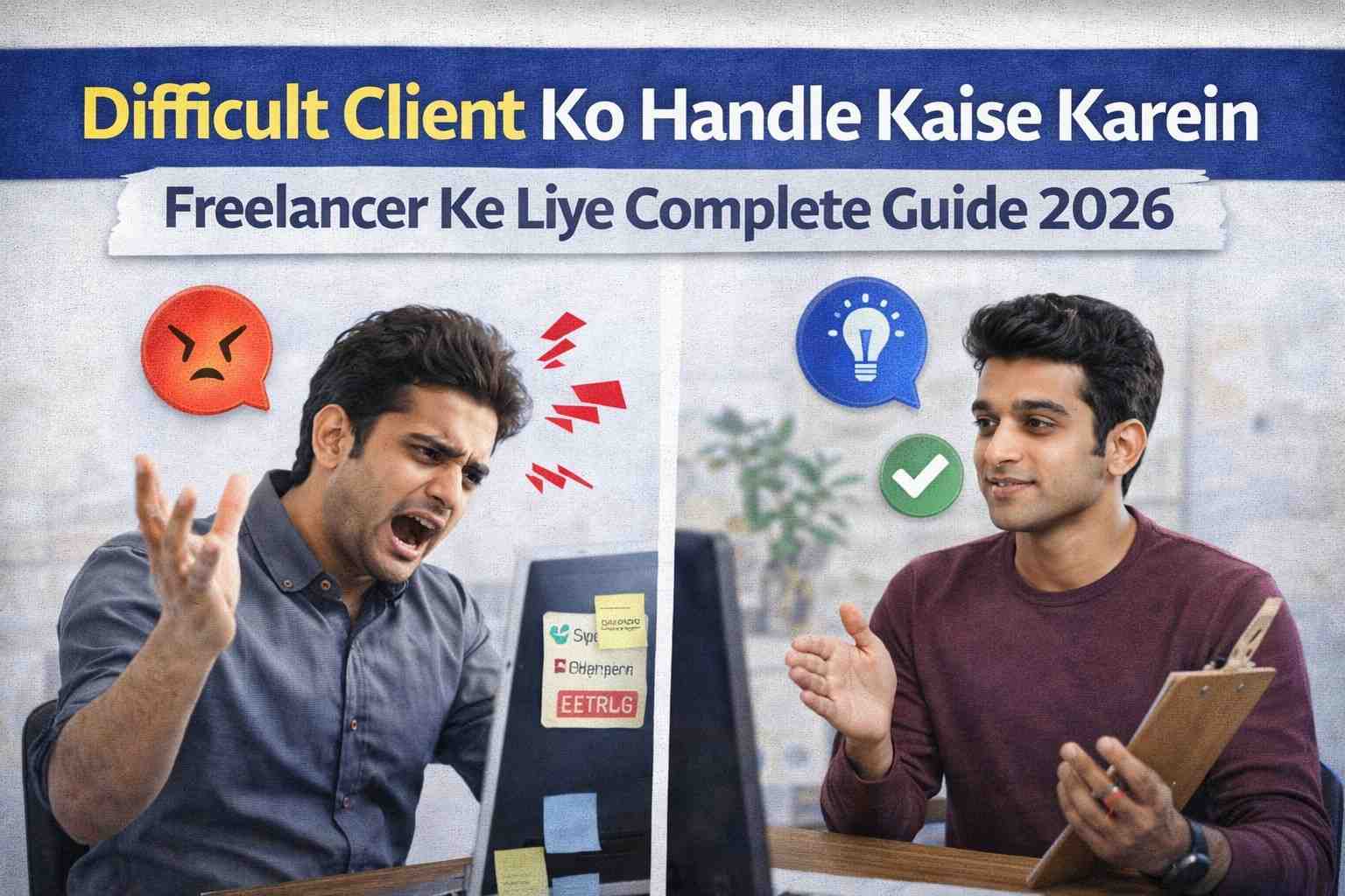 Difficult Client Ko Handle Kaise Karein 2026 – freelancer calmly handling angry client with professional communication approach