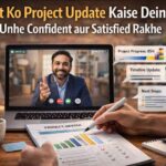 Client Ko Project Update Kaise Dein Jo Unhe Confident aur Satisfied Rakhe concept showing freelancer giving project progress update on video call with reports, timeline and next steps in realistic workspace