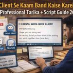 Client Se Kaam Band Kaise Karein Professional Tarika Script Guide 2026 concept showing freelancer writing polite email to end client work with script, notice and professional tips in realistic workspace