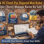Ek Hi Client Par Depend Mat Raho Multiple Clients Manage Karne Ka Sahi Tarika concept showing freelancer handling multiple clients, task management, time planning and diversified income in realistic workspace