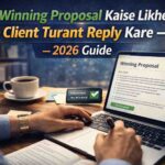 Winning Proposal Kaise Likhein 2026 – freelancer writing professional proposal on laptop and receiving instant client reply notification